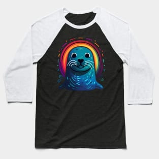 Cute Seal Cartoon Animal Lover Rainbow Black Baseball T-Shirt